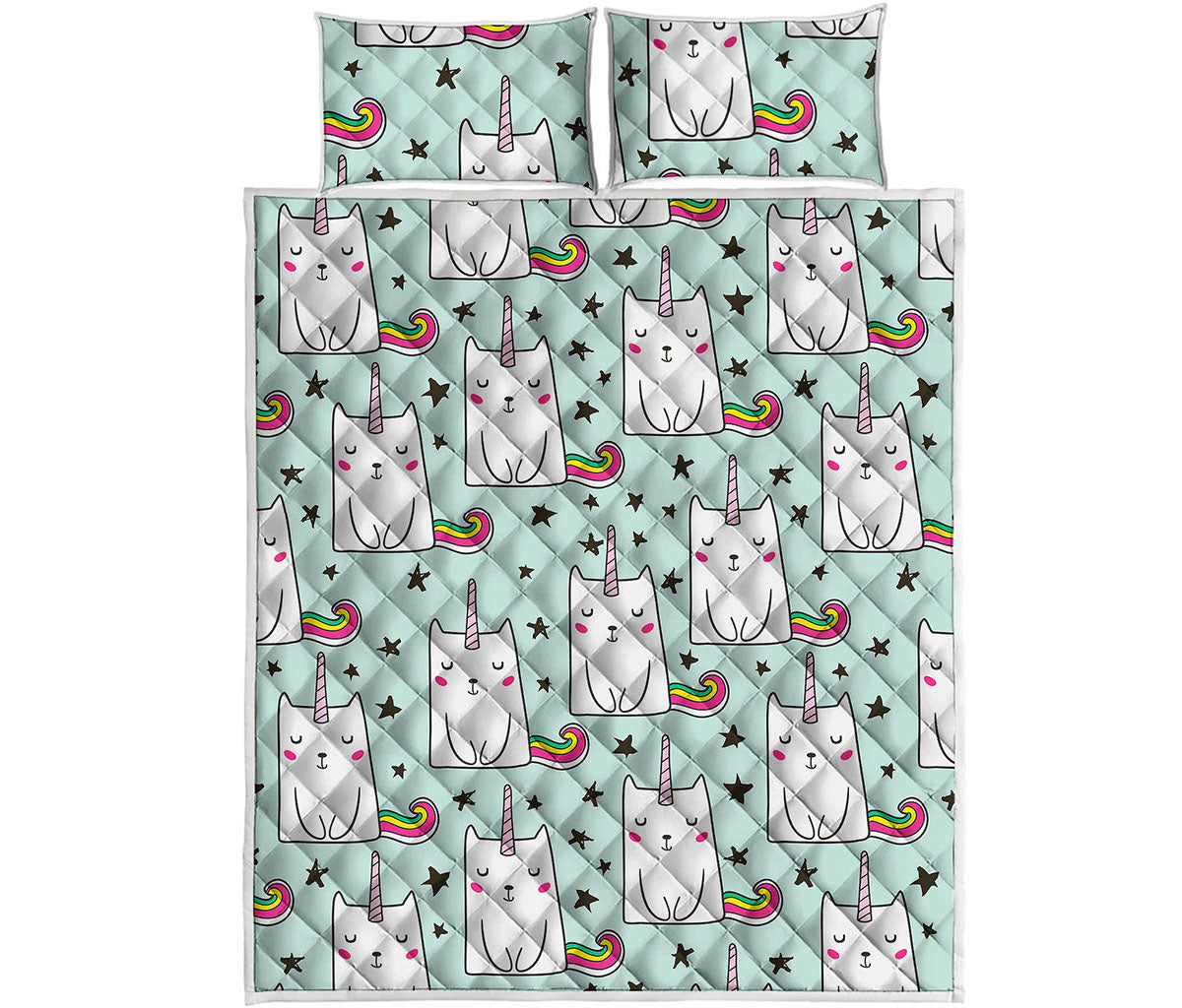 Cute Unicorn Cat Pattern Print Quilt Bed Set
