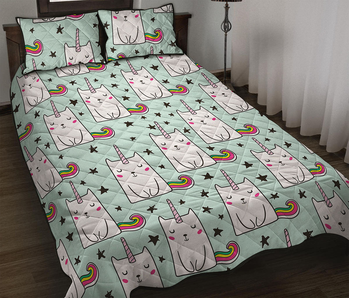 Cute Unicorn Cat Pattern Print Quilt Bed Set