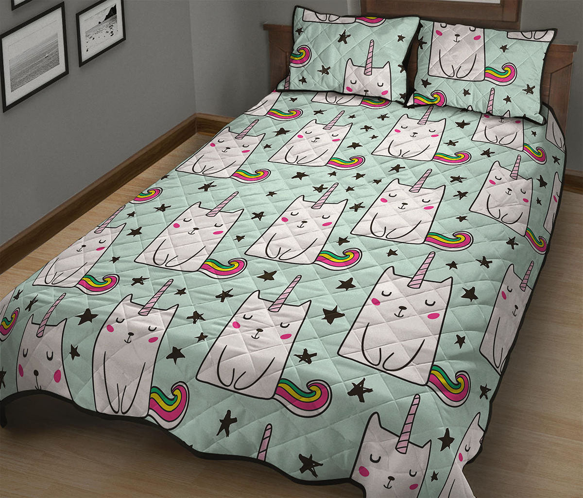 Cute Unicorn Cat Pattern Print Quilt Bed Set