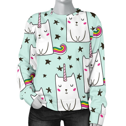 Cute Unicorn Cat Pattern Print Women's Crewneck Sweatshirt GearFrost