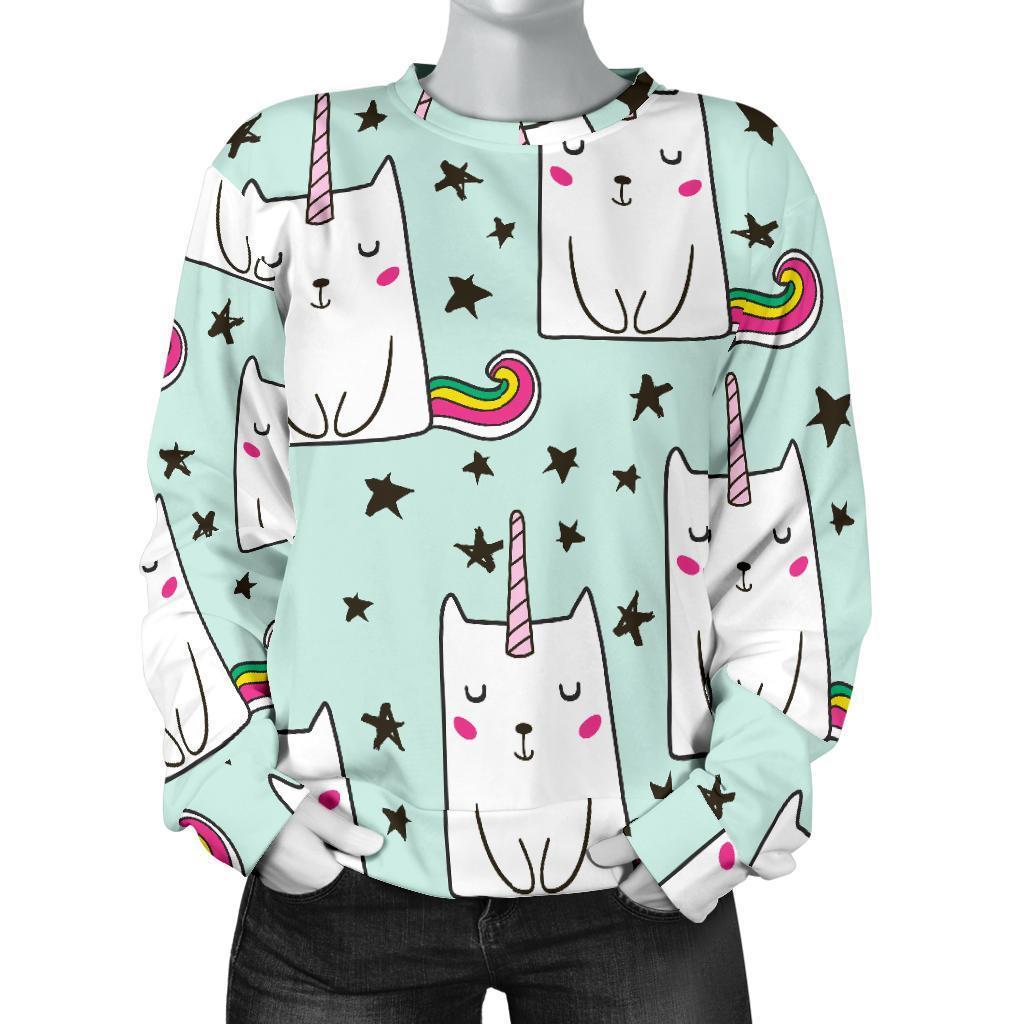 Cute Unicorn Cat Pattern Print Women's Crewneck Sweatshirt GearFrost
