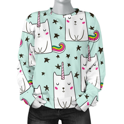 Cute Unicorn Cat Pattern Print Women's Crewneck Sweatshirt GearFrost