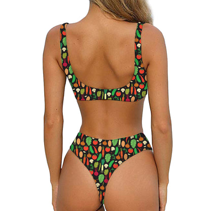 Cute Vegan Pattern Print Front Bow Tie Bikini