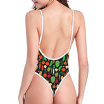 Cute Vegan Pattern Print One Piece High Cut Swimsuit