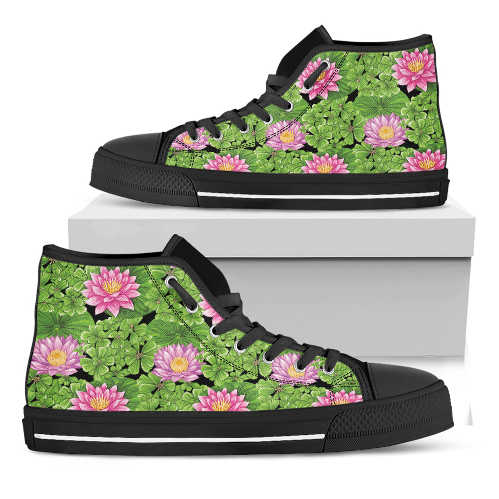 Cute Water Lily Pattern Print Black High Top Shoes