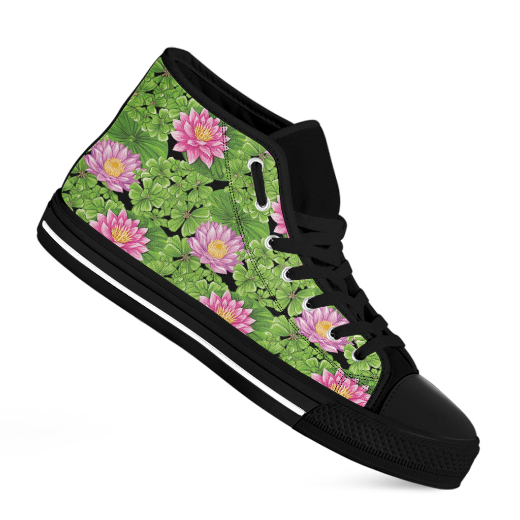 Cute Water Lily Pattern Print Black High Top Shoes