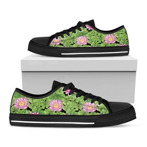 Cute Water Lily Pattern Print Black Low Top Shoes