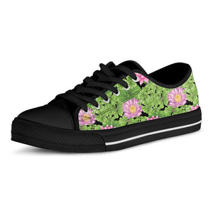 Cute Water Lily Pattern Print Black Low Top Shoes