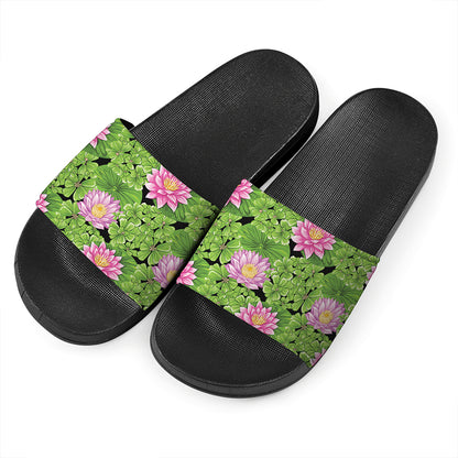 Cute Water Lily Pattern Print Black Slide Sandals