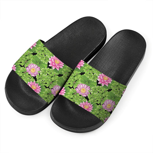 Cute Water Lily Pattern Print Black Slide Sandals
