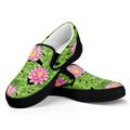 Cute Water Lily Pattern Print Black Slip On Sneakers