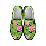 Cute Water Lily Pattern Print Black Slip On Shoes