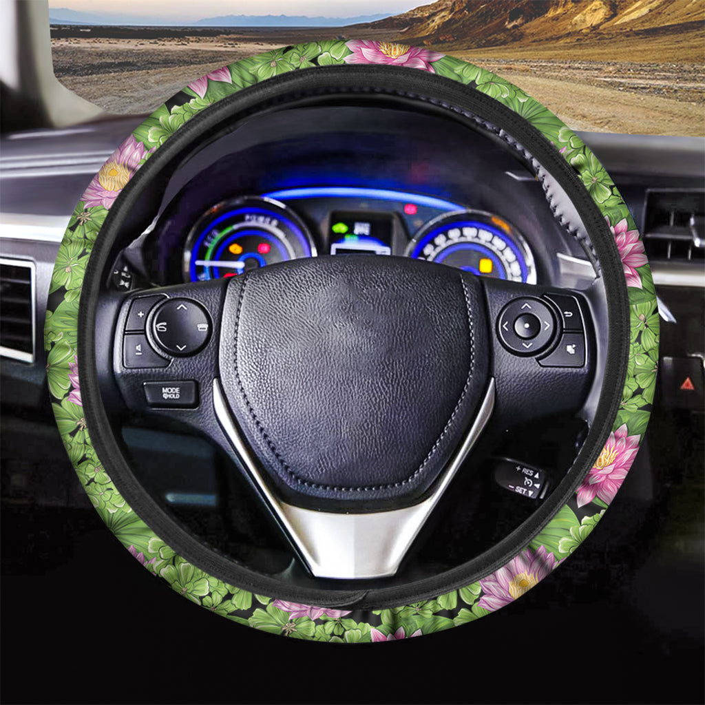 Cute Water Lily Pattern Print Car Steering Wheel Cover