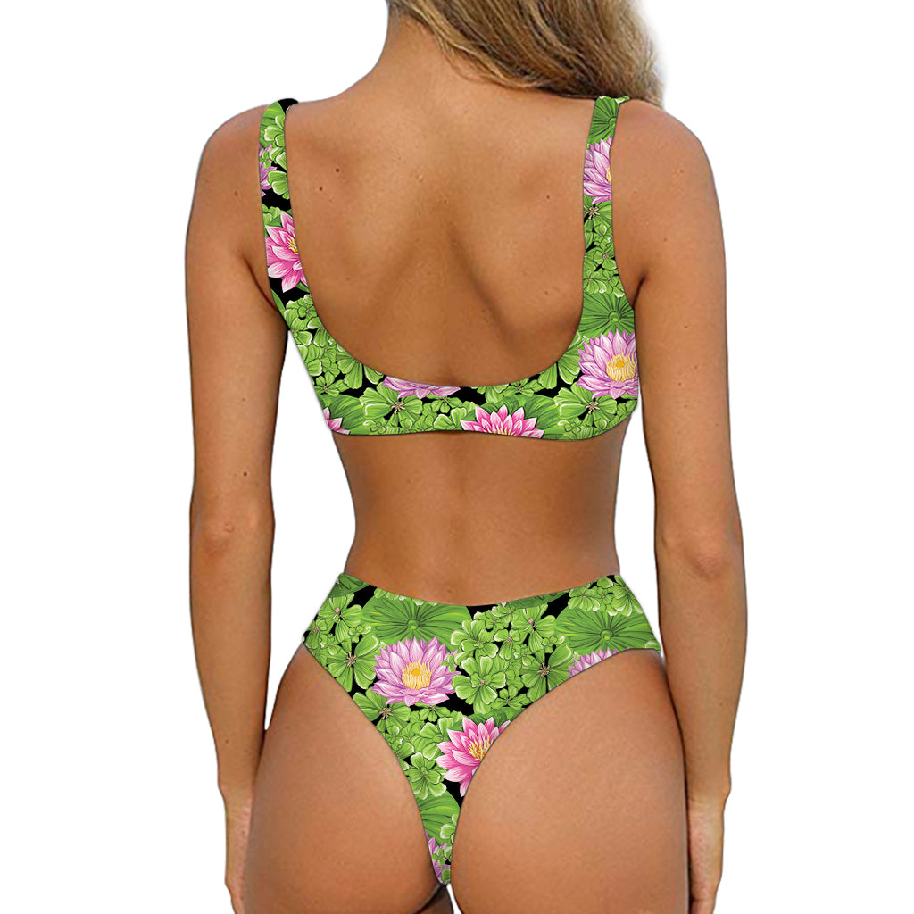 Cute Water Lily Pattern Print Front Bow Tie Bikini