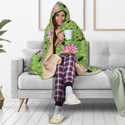 Cute Water Lily Pattern Print Hooded Blanket