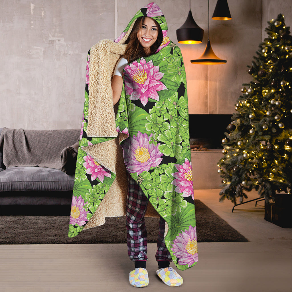 Cute Water Lily Pattern Print Hooded Blanket