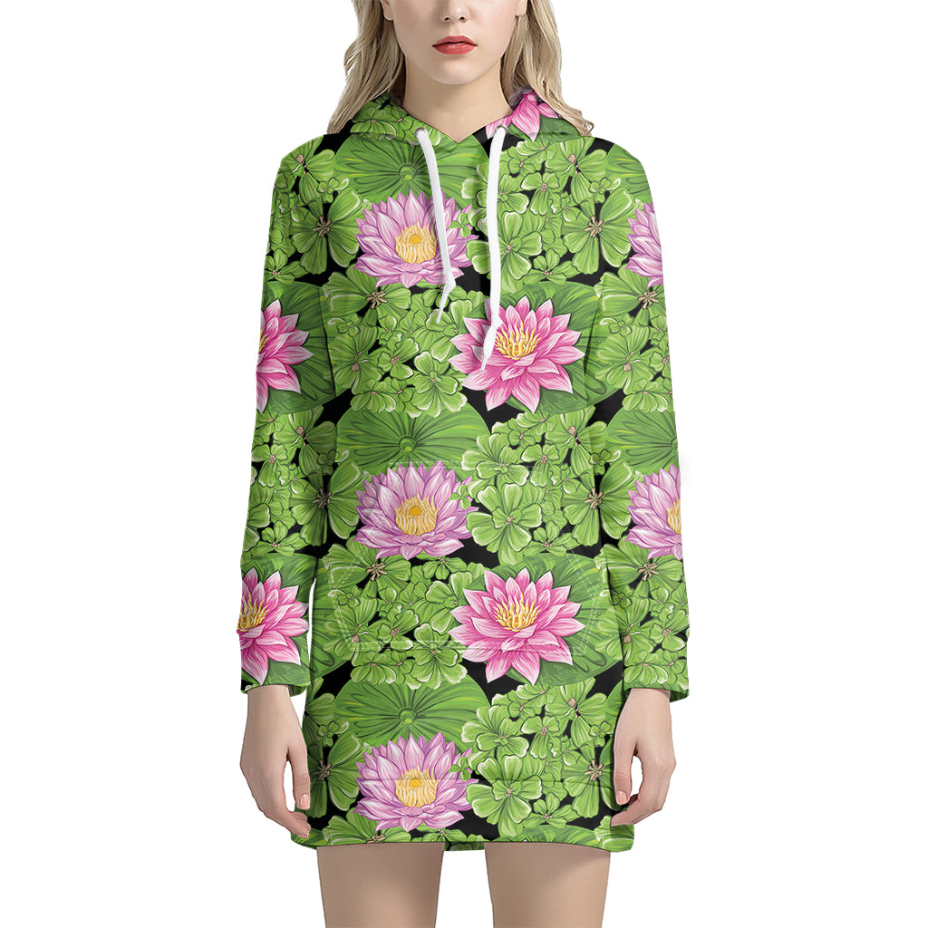 Cute Water Lily Pattern Print Hoodie Dress