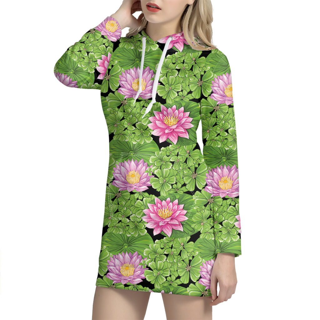 Cute Water Lily Pattern Print Hoodie Dress