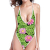 Cute Water Lily Pattern Print One Piece High Cut Swimsuit