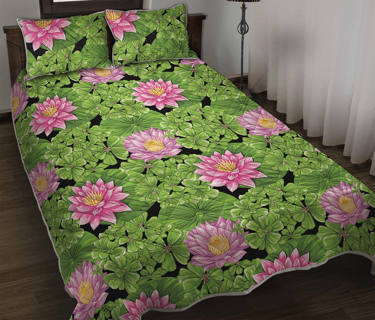 Cute Water Lily Pattern Print Quilt Bed Set