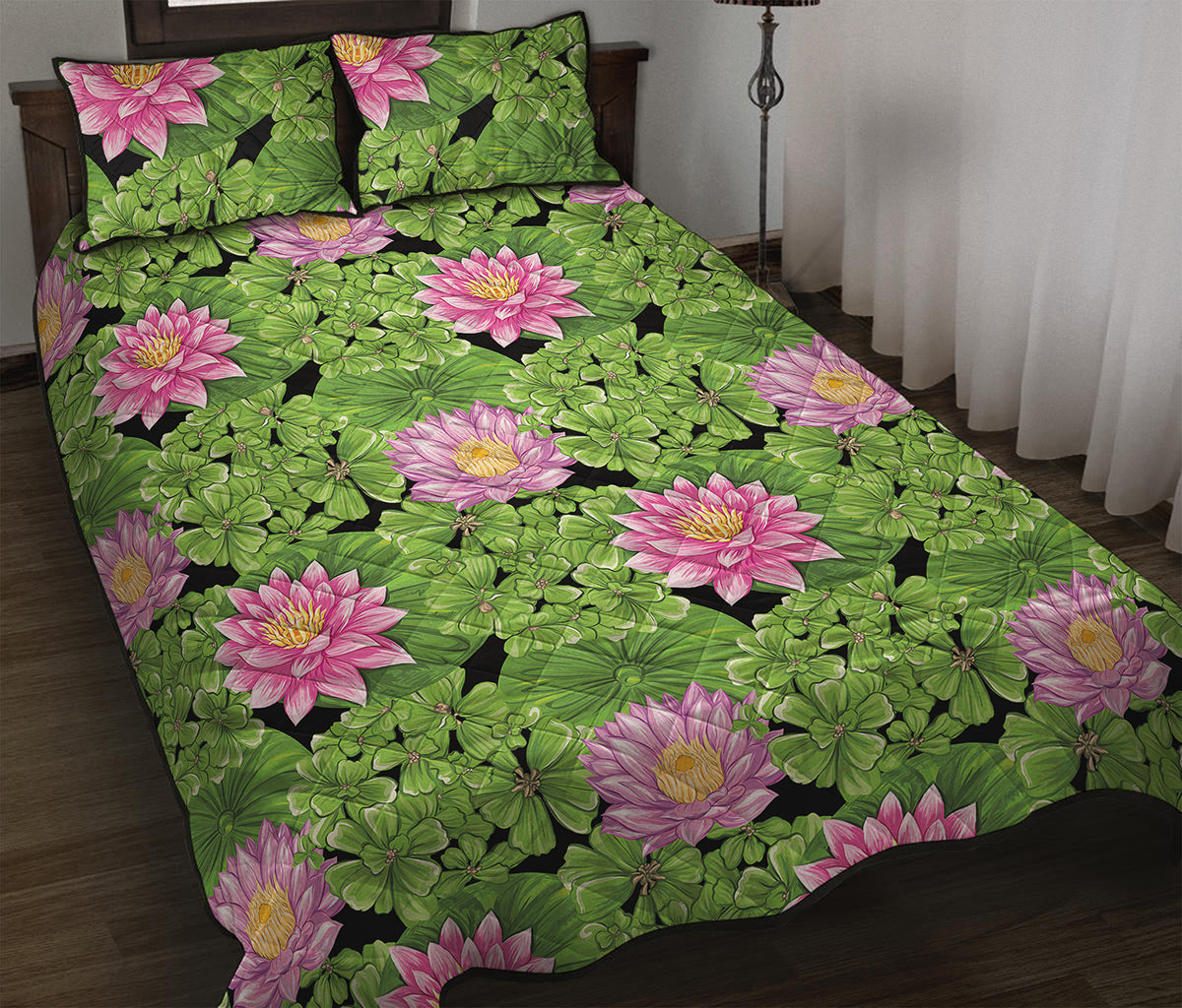 Cute Water Lily Pattern Print Quilt Bed Set