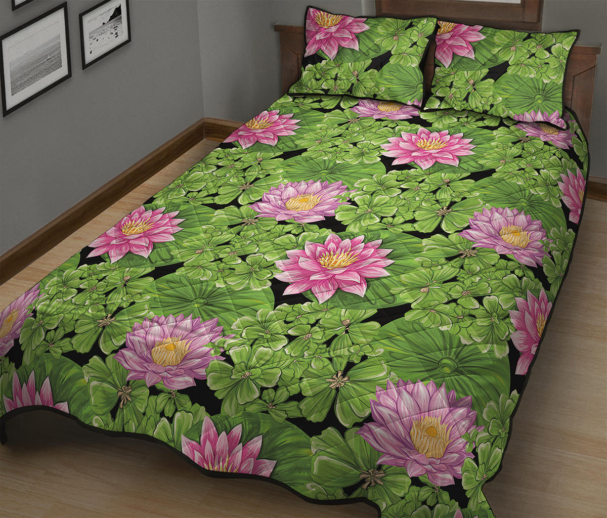 Cute Water Lily Pattern Print Quilt Bed Set