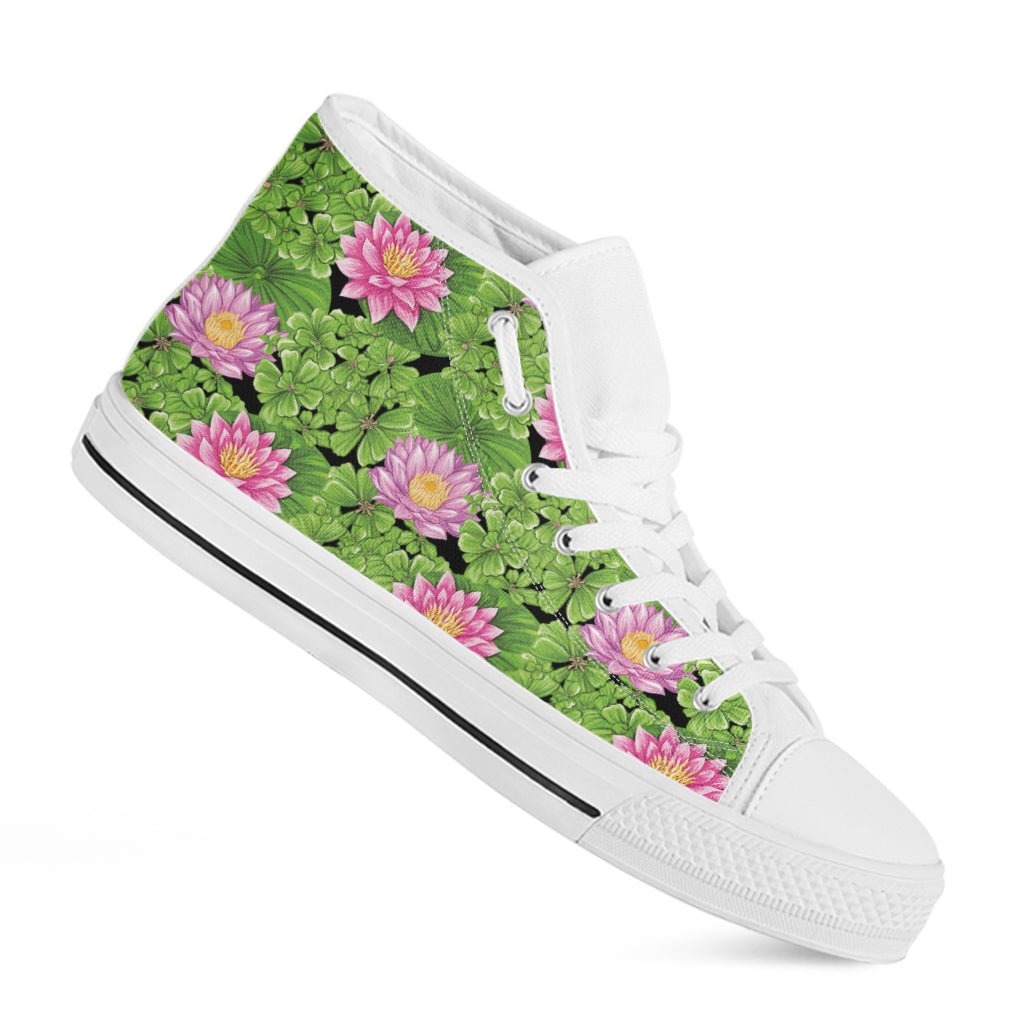 Cute Water Lily Pattern Print White High Top Shoes