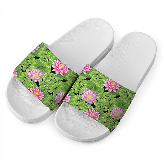Cute Water Lily Pattern Print White Slide Sandals