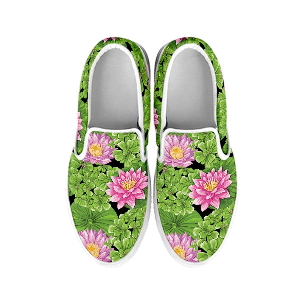 Cute Water Lily Pattern Print White Slip On Shoes