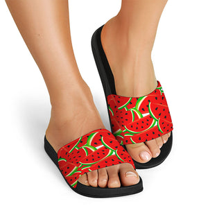 Cute Watermelon Pieces Pattern Print Black Slide Sandals