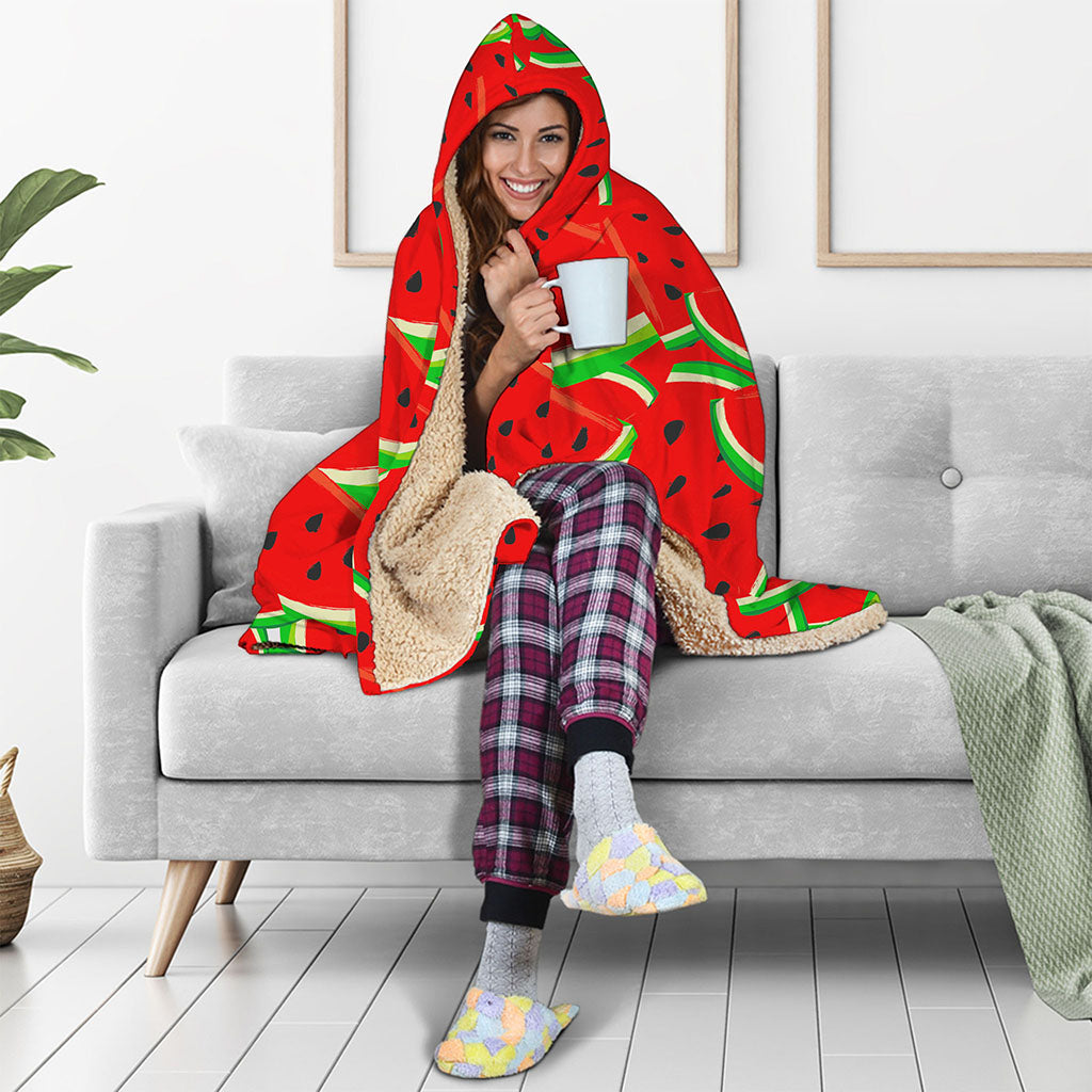 Cute Watermelon Pieces Pattern Print Hooded Blanket
