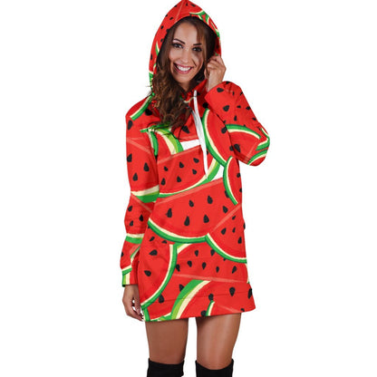 Cute Watermelon Pieces Pattern Print Hoodie Dress GearFrost
