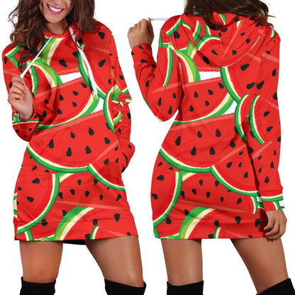 Cute Watermelon Pieces Pattern Print Hoodie Dress GearFrost