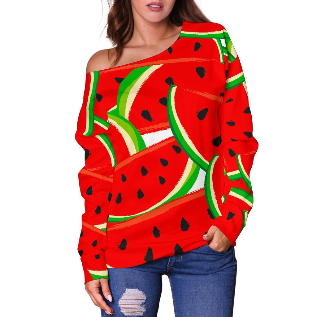 Cute Watermelon Pieces Pattern Print Off Shoulder Sweatshirt GearFrost