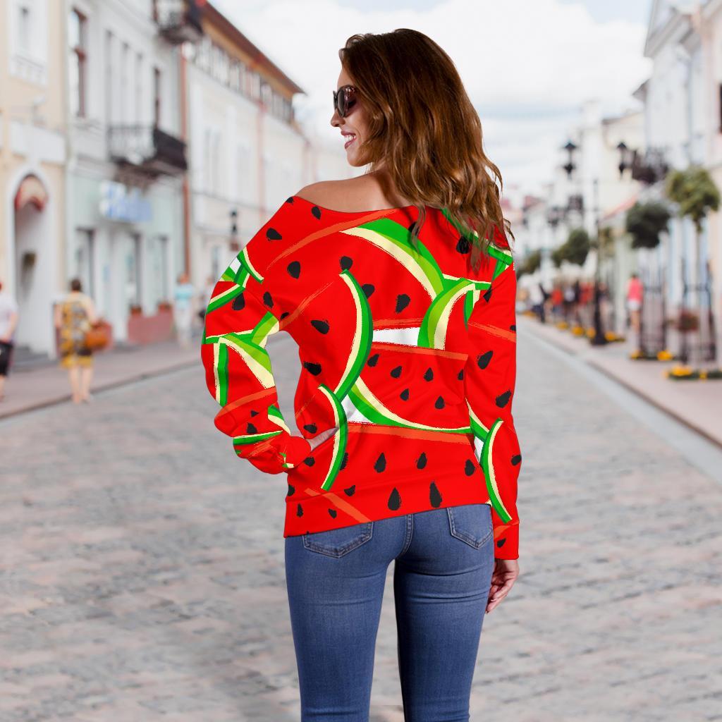 Cute Watermelon Pieces Pattern Print Off Shoulder Sweatshirt GearFrost