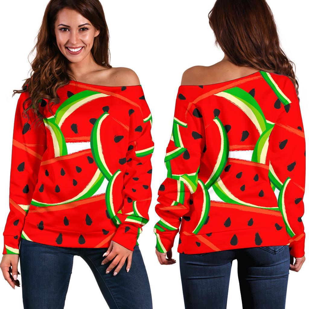 Cute Watermelon Pieces Pattern Print Off Shoulder Sweatshirt GearFrost