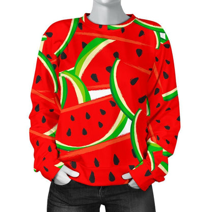 Cute Watermelon Pieces Pattern Print Women's Crewneck Sweatshirt GearFrost