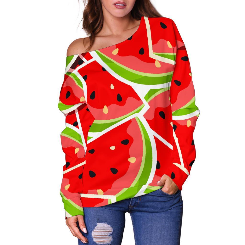 Cute Watermelon Slices Pattern Print Off Shoulder Sweatshirt GearFrost