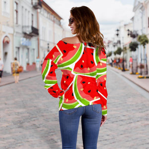 Cute Watermelon Slices Pattern Print Off Shoulder Sweatshirt GearFrost