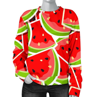 Cute Watermelon Slices Pattern Print Women's Crewneck Sweatshirt GearFrost