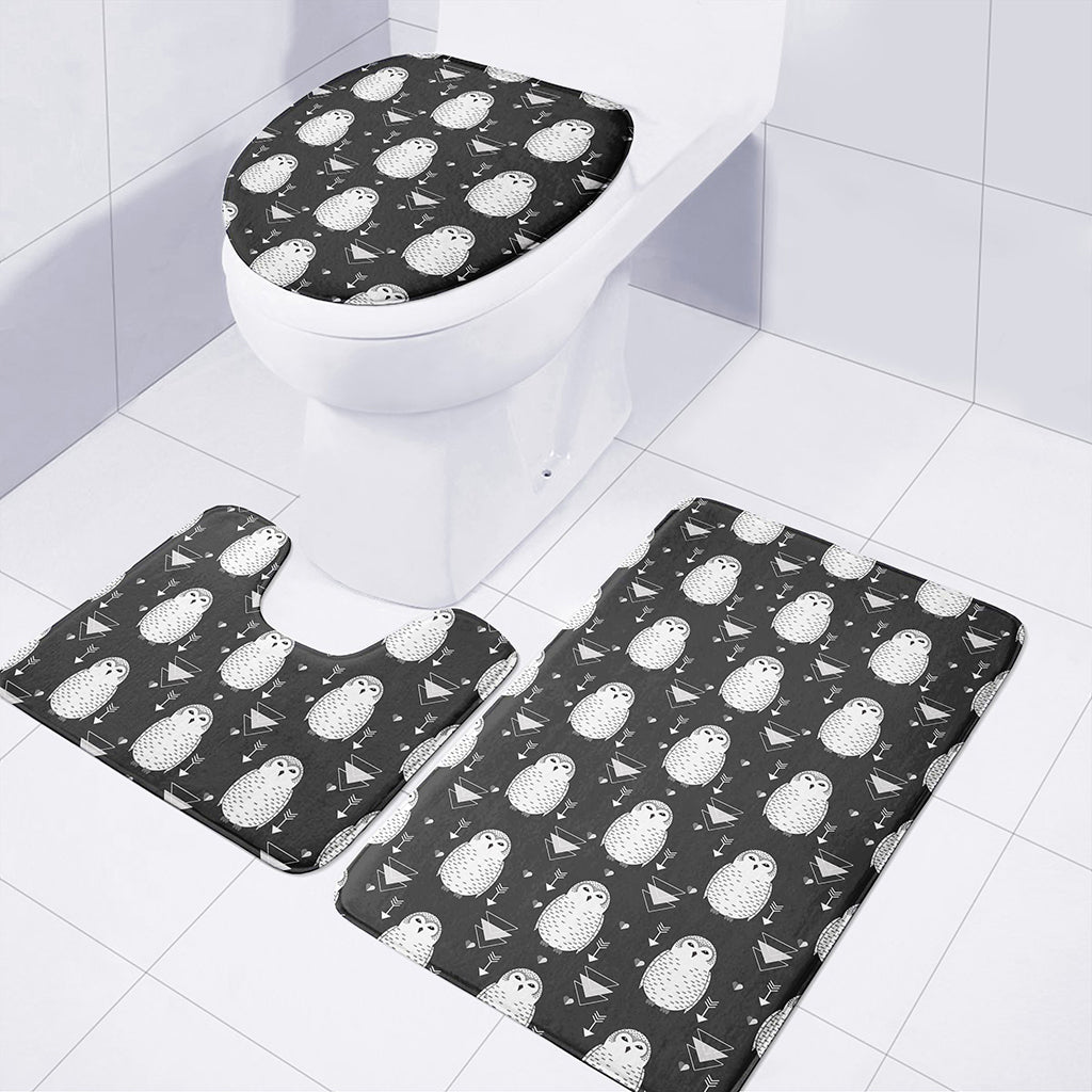 Cute White And Grey Owl Pattern Print 3 Piece Bath Mat Set