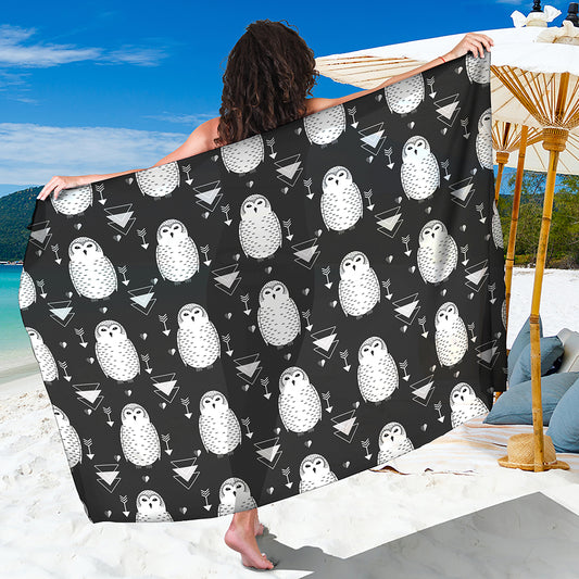 Cute White And Grey Owl Pattern Print Beach Sarong Wrap