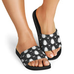 Cute White And Grey Owl Pattern Print Black Slide Sandals
