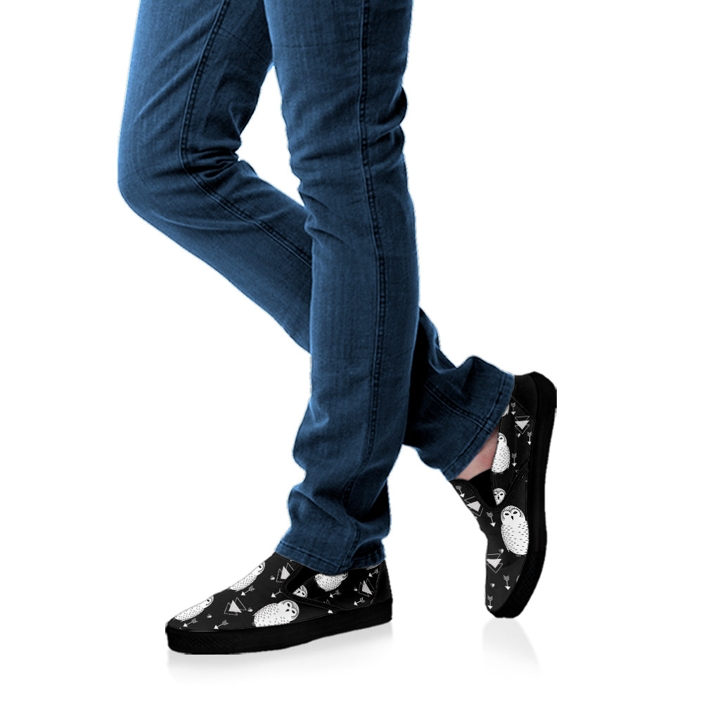 Cute White And Grey Owl Pattern Print Black Slip On Shoes