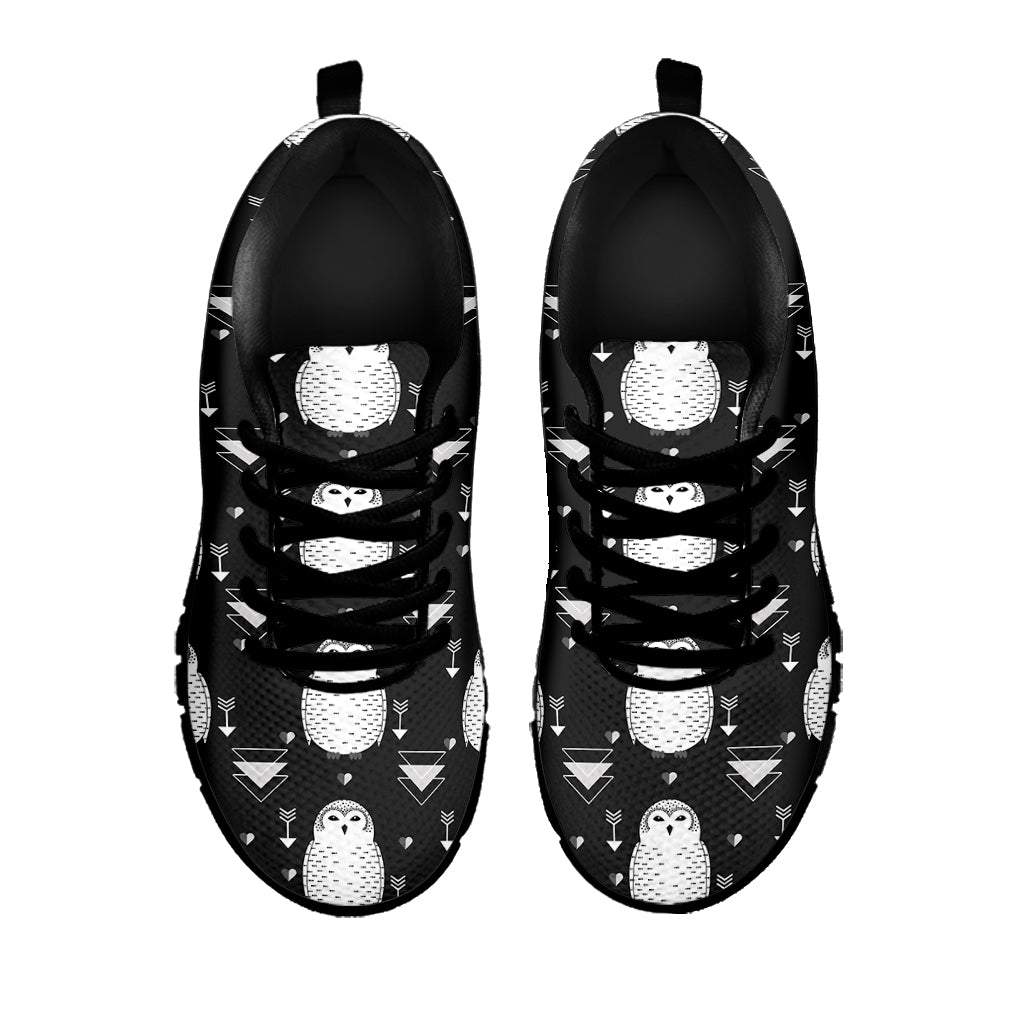 Cute White And Grey Owl Pattern Print Black Sneakers