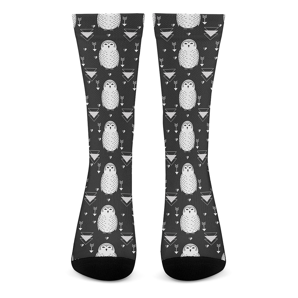 Cute White And Grey Owl Pattern Print Crew Socks