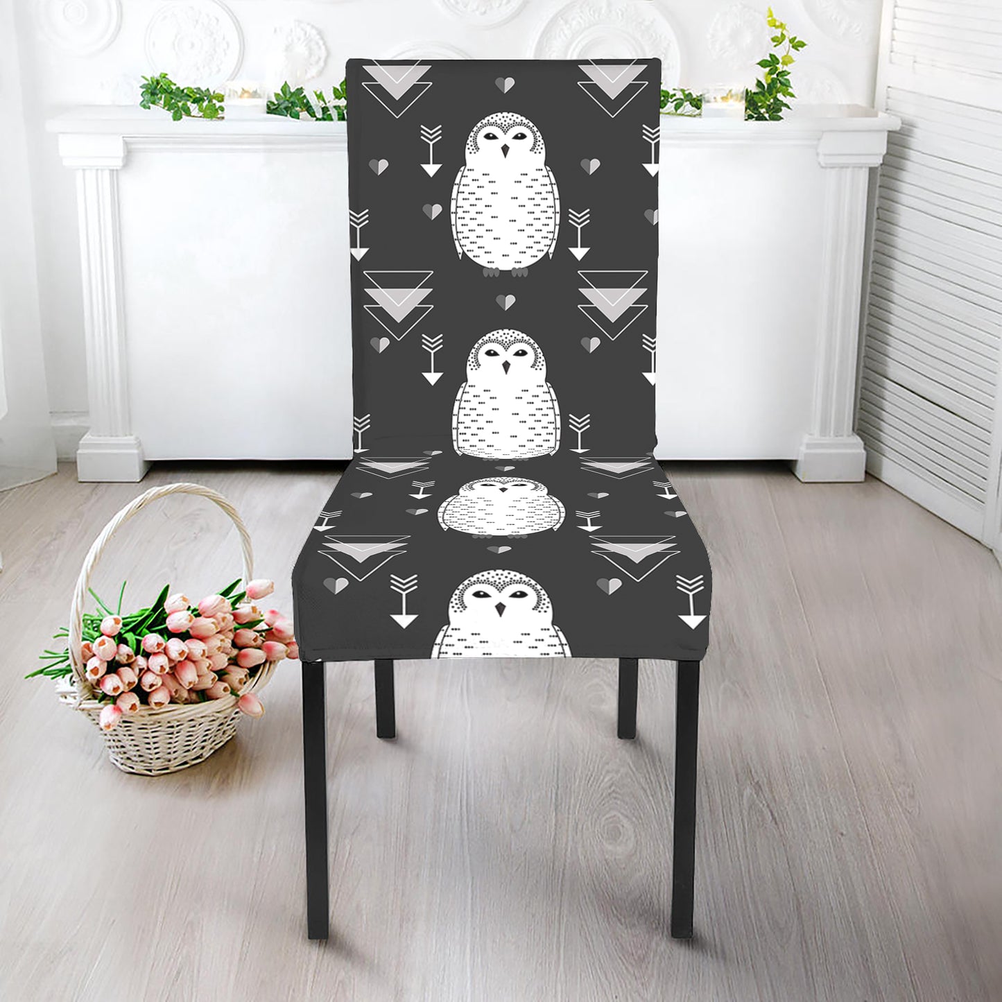 Cute White And Grey Owl Pattern Print Dining Chair Slipcover
