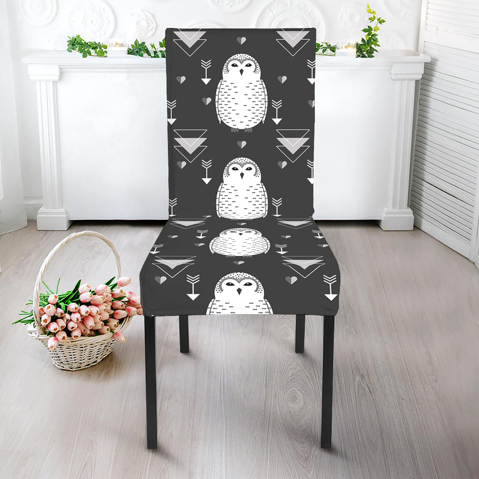 Cute White And Grey Owl Pattern Print Dining Chair Slipcover
