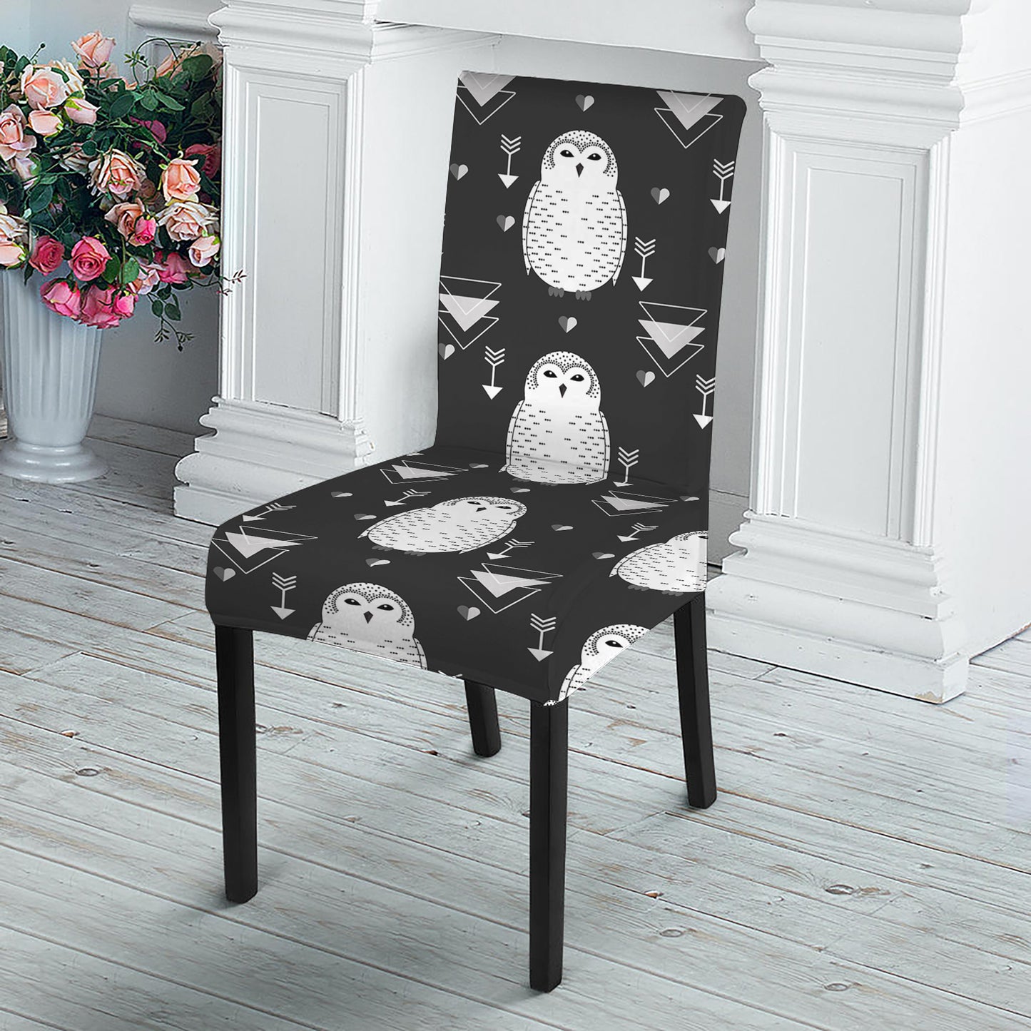 Cute White And Grey Owl Pattern Print Dining Chair Slipcover
