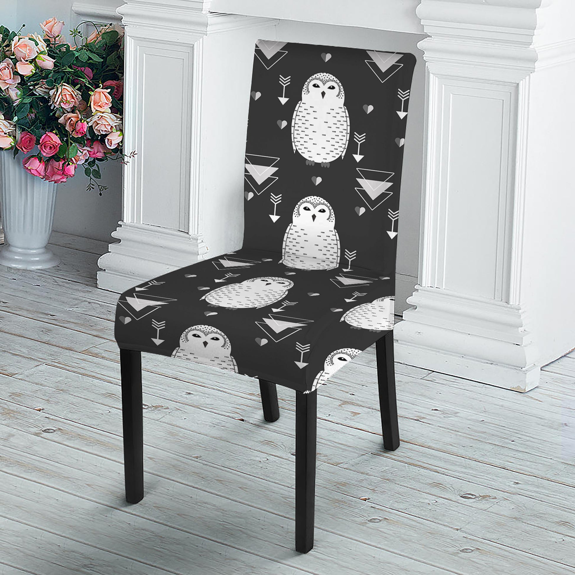 Cute White And Grey Owl Pattern Print Dining Chair Slipcover